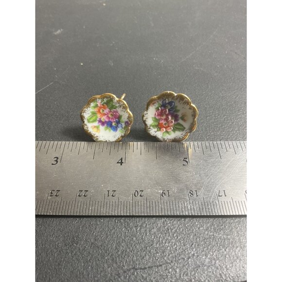 Limoges France Vintage Floral Porcelain Screw Back Earrings With Gold Trim For W - Picture 3 of 3
